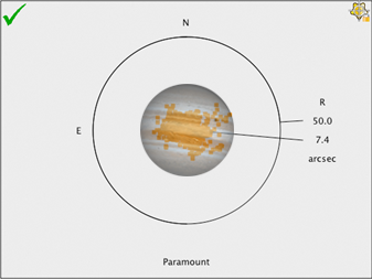 Photo showing the approximate angular size of Jupiter's disc as viewed from Earth over the scatter diagram of the TPoint pointing accuracy. Impressive!